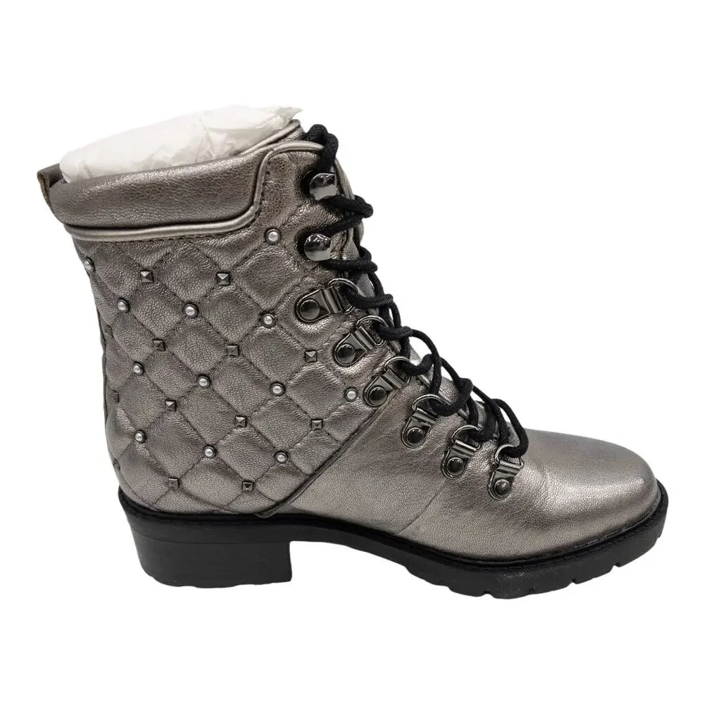 Marc Fisher Silver Metallic Lug Sole Quilted Studded Lace Up Combat Boots Size 5